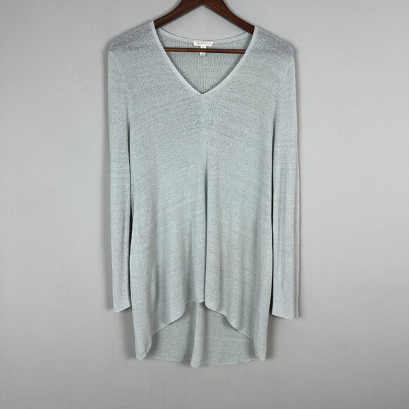 Eileen Fisher Tunic Top Womens Large Gray Linen Nylon Knit V-Neck High Low Hem L - Picture 1 of 8